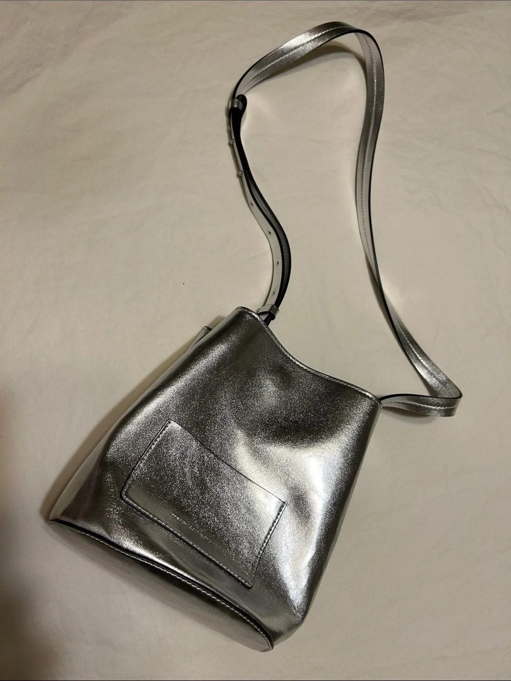 French Connection Silver Metallic Leather Crossbody Bucket Bag